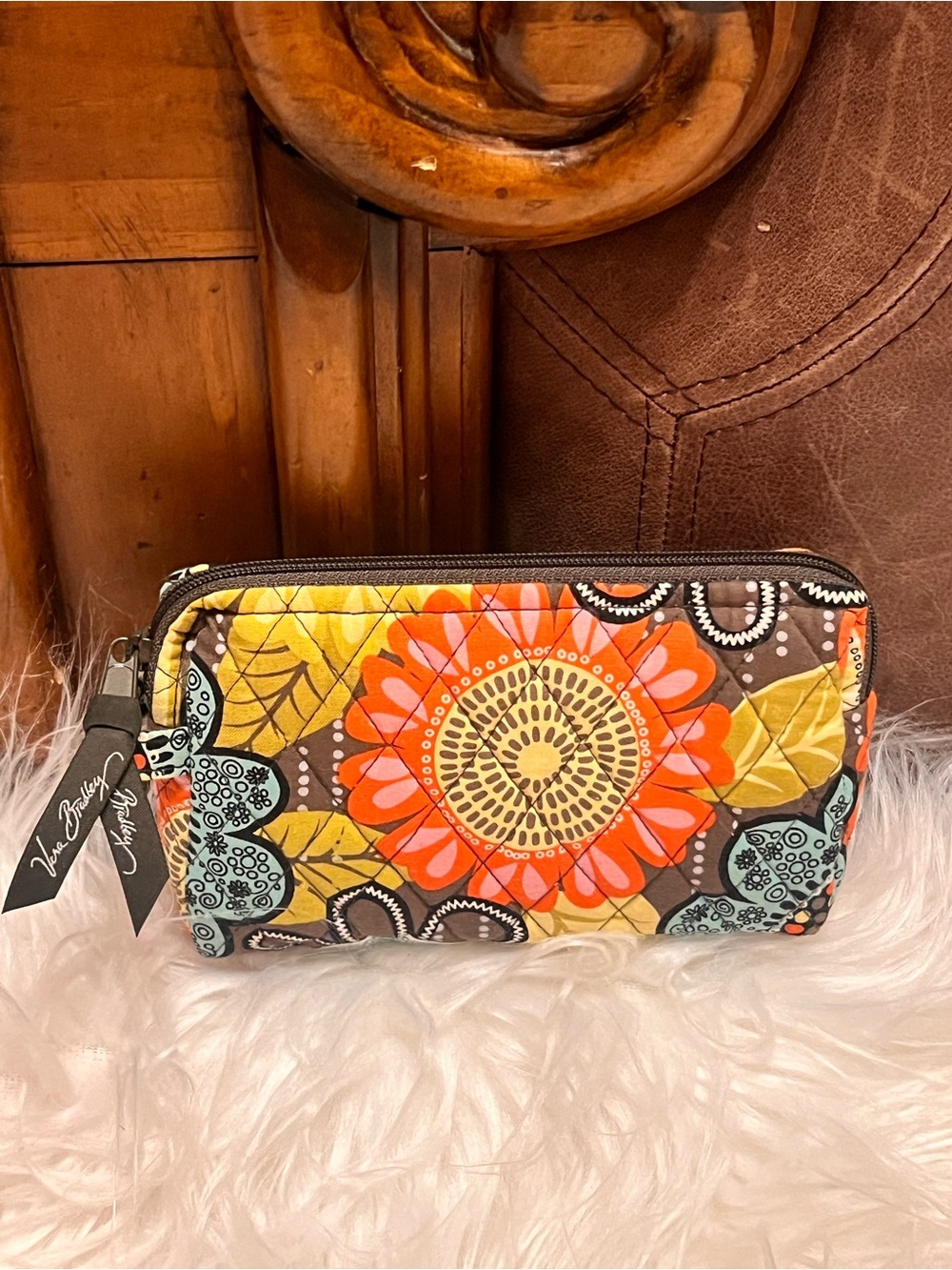 Vera Bradley Orange Floral Quilted Cosmetic Pouch with Aqua & Yellow Accents - Picture 4 of 9